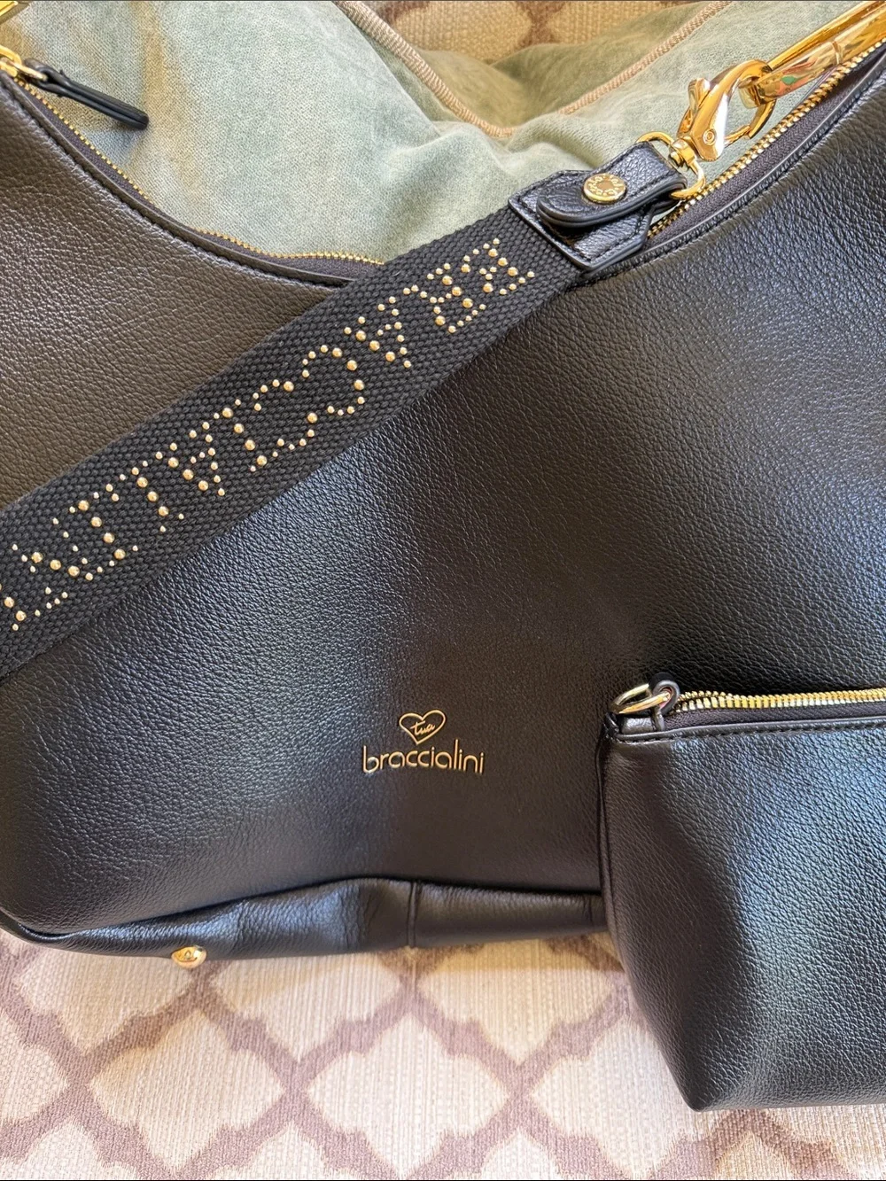 Braccialini Black Pebbled Leather Hobo with Matching Pouch-gorgeous!!